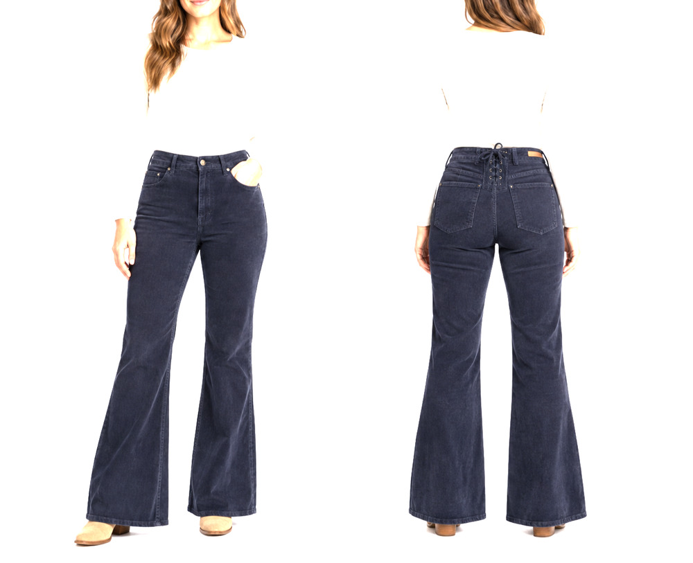 Pilcro Letterpress Script Corduroy Flare Pants 30 Navy Lace Up Back